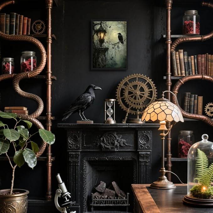 Gothic Decor Framed Wall Art, Vintage Dark Academia Canvas Prints, Horror Forest Crow Wall Decor for Living Room Bedroom Home Decor – Black Wooden Frame 12x16in