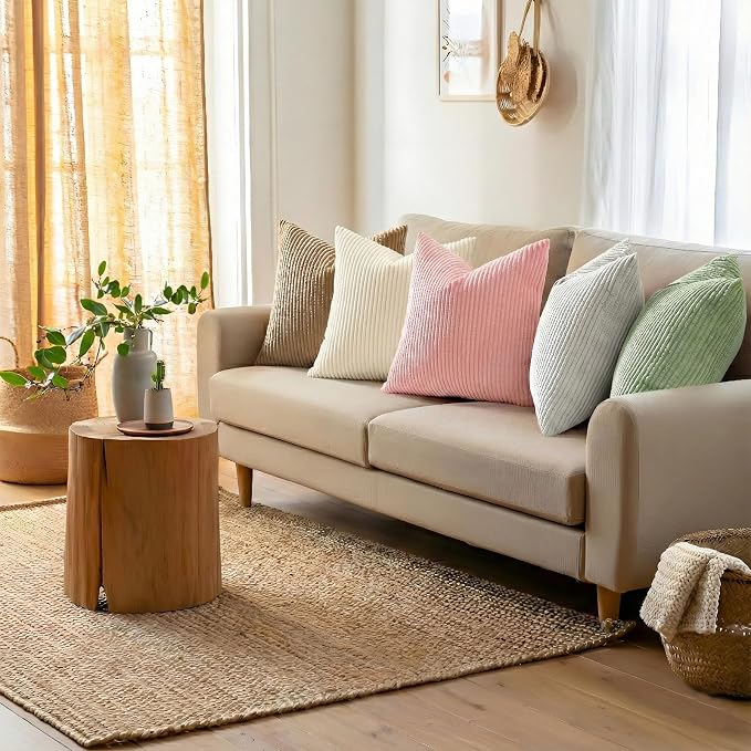 Mecatny Corduroy Fall Throw Pillow Covers 12x20 Set of 2 Cream White | Soft Striped Texture, Hidden Zipper Design, Neutral Boho Lumbar Pillow Cases for Sofa Couch Living Room Bedroom, Home Décor