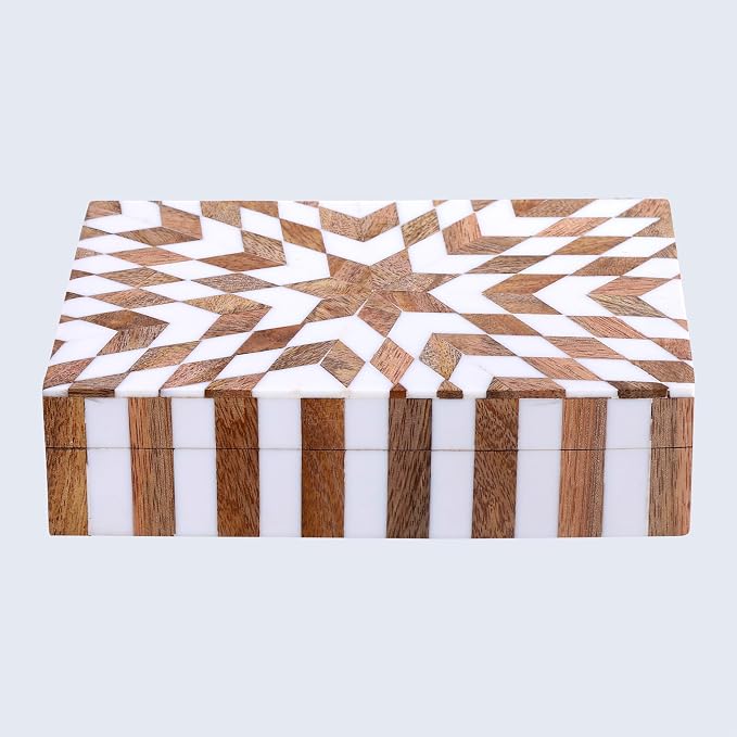 Handicrafts Home Handmade Decorative Storage Box with Lid, Wood & Resin Inlay Geometric Star Design, Coffee Table Storage Box, Remote Control Holder, Keepsake, Wooden Organizer for Home Decor- 8x5x2
