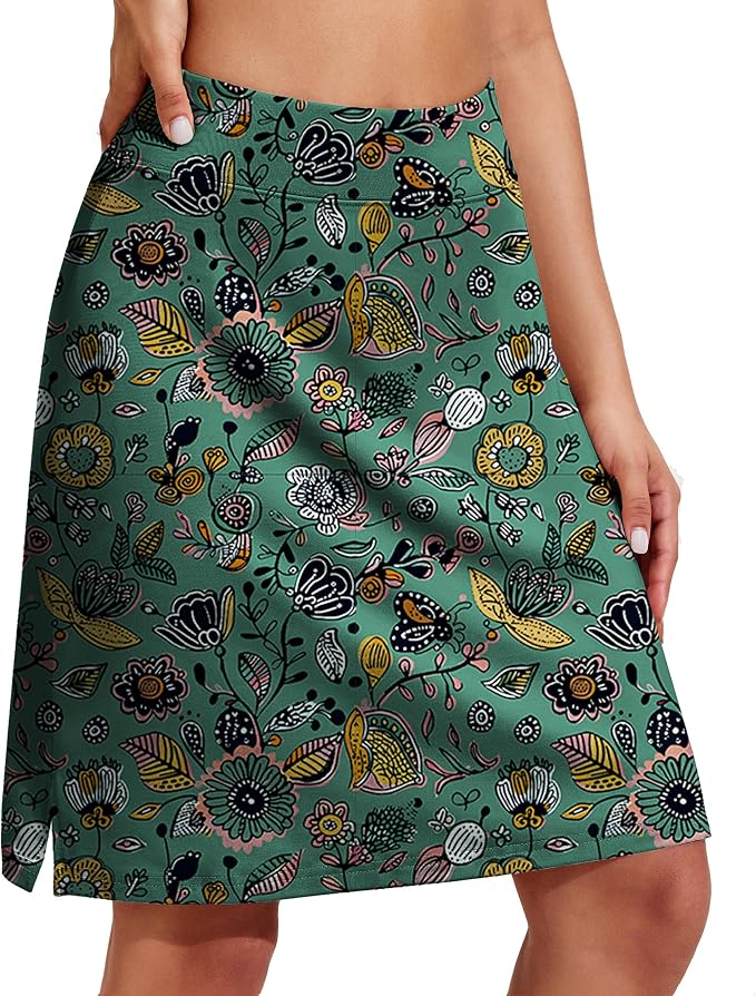 COOrun Women's 20" Knee Length Skirts High Waisted Golf Skorts with Pockets | Soft, Quick Dry, Split Hem, Built-in Shorts, A-line, Modest Skirts, for Golf Athletic Tennis Work Casual
