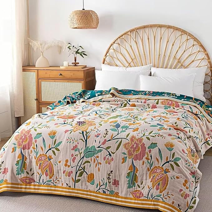 Boho Throw Blanket for Bed 100% Cotton Bohemian Blankets Ultra Soft Woven Muslin Decorative Blankets All Seasons Vintage Quilt Knitted Blanket for Sofa Chair(Yellow, 50"x60")