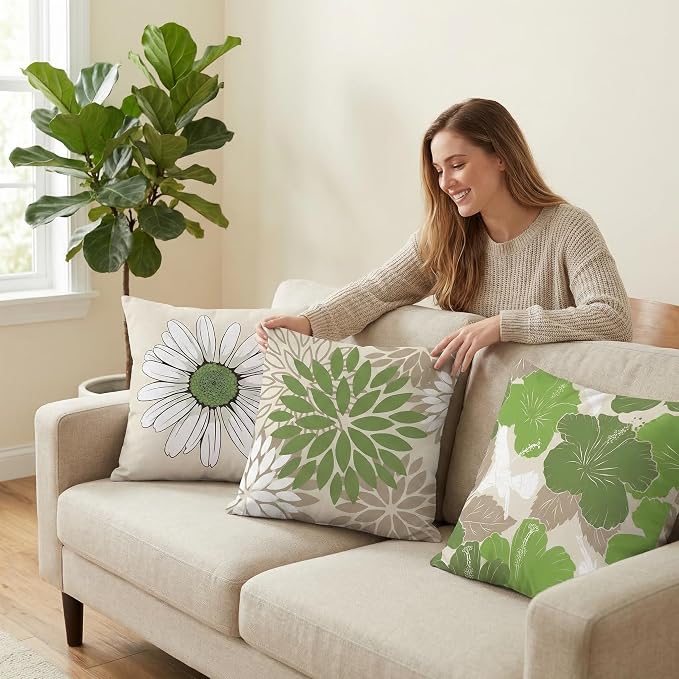 COMMINY Sage Green Linen Pillow Covers 18x18 Set 6 Farmhouse Throw Cover | Spring Summer flower, decorative Daisy Dhalia, Breathable Linen,Standard Throw Pillow Size, Bedroom Accent Couch Sofa
