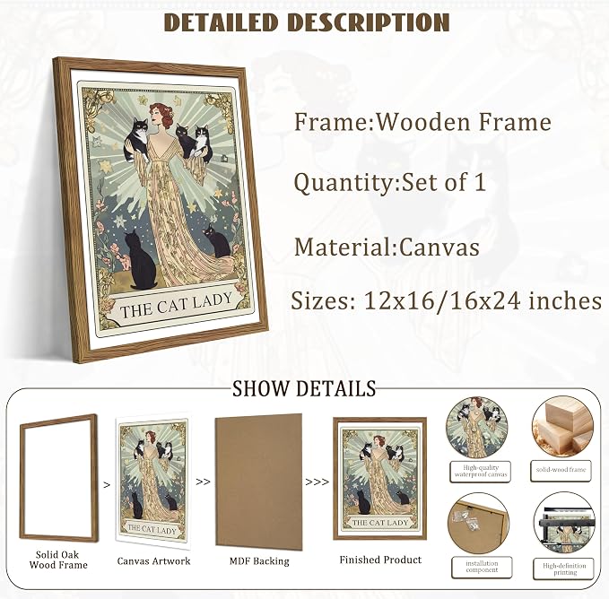 Framed Black Cat Wall Art, Vintage The Cat Lady Tarot Canvas Wall Decor Paintings, Funny Cute Woman Animal Poster Prints Picture Artwork for Bedroom Living Room 12x16 Inch