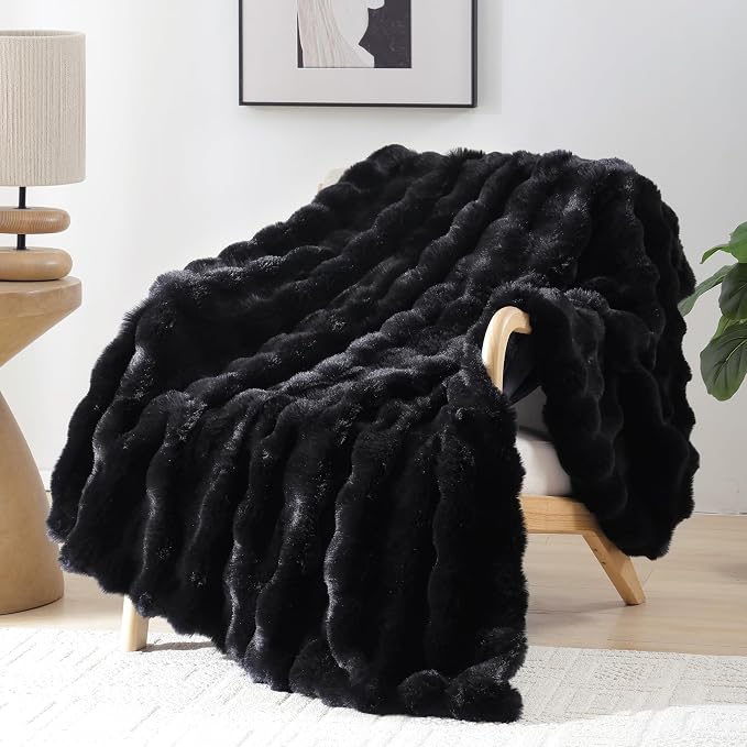 Faux Rabbit Fur Throw for Couch - Black Bubble Blanket 50"x60" | Fluffy Plush Fuzzy Throw for Sofa & Bed, Super Soft Cozy Comfrt Blanket, Luxury Aesthetic Black Decor Gift for Women