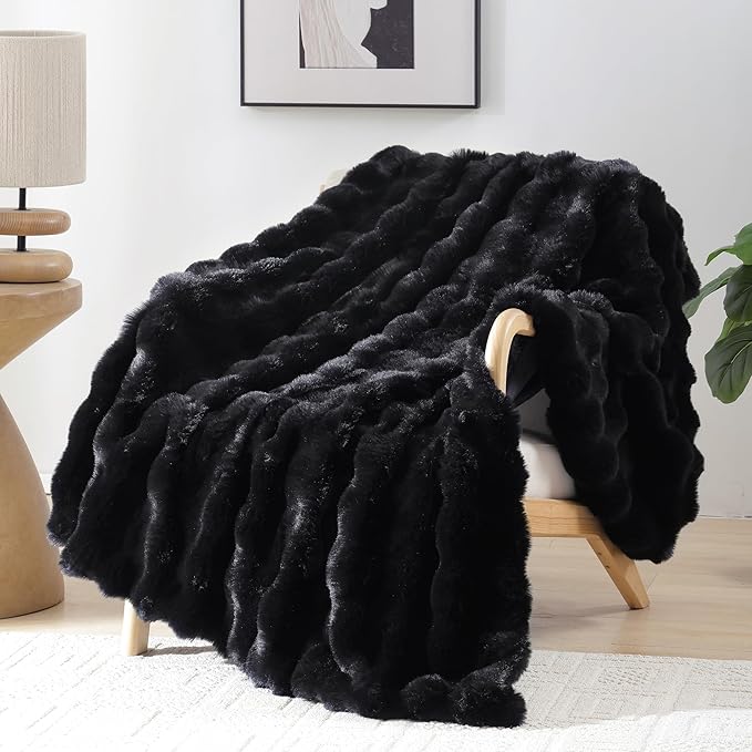 Faux Rabbit Fur Throw for Couch - Black Bubble Blanket 60"x80" | Fluffy Plush Fuzzy Throw for Sofa & Bed, Super Soft Cozy Comfrt Blanket, Luxury Aesthetic Black Decor Gift for Women