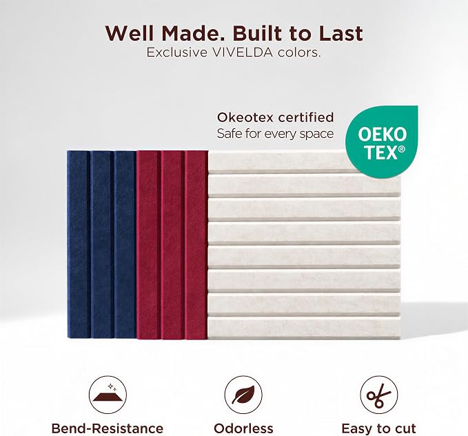 Large Felt Bulletin Board 48 x 36 Inch - 12-Pack Square Acoustic Wall Panels, Cork Board Alternative, NRC 0.95, Damage-Free Adhesive, Slatted Design for Home, Classroom (Moonstone)