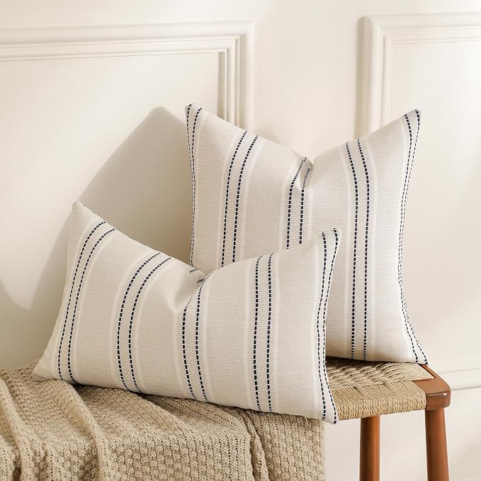 Hckot Throw Pillow Covers 12x20 Set of 2 Striped Pillow Covers Textured Linen Decorative Pillows Lumbar Cushion Covers for Sofa Couch Bed Living Room Farmhouse Decor, Navy
