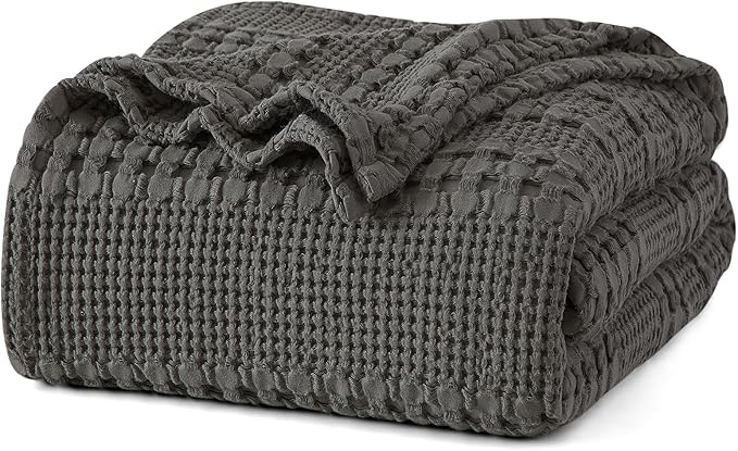 PHF 100% Cotton Waffle Weave Blanket King Size, Lightweight Breathable Summer Blanket for Hot Sleepers, Pre-Washed Soft Layer for Bed, Couch, Home Decor Gift, 108"x90", Charcoal Grey