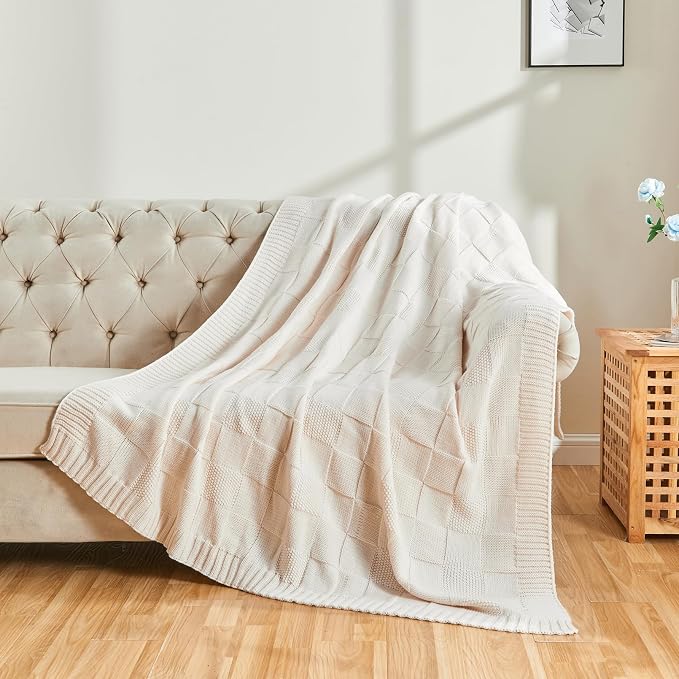 CozeCube Cream White Knitted Checkered Throw Blanket 60"X80" | Check Knit Throw for Couch, Decorative Christmas Soft Cozy Warm Blanket for Bed Sofa Living Room