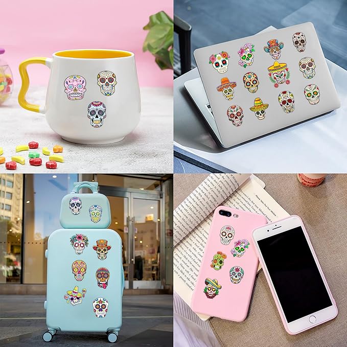Skull Temporary Pre-Cut Tattoos for Kids – 60 PCS (5 Sheets) Fiesta Sugar Skull Party Favors, Mexican Day of the Dead Decorations, Cute Stickers for Baby Girls Boys, Classroom School Carnival Supplies