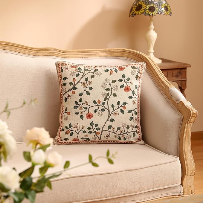 Designer Elegant Vintage Linen Throw Pillow Cover,18"x18"-Flora A | French Square Decor Pillow Cover,Concealed Zipper Design,Floral Pattern,Sofa,Bedroom,Living Room,Lounge Chairs