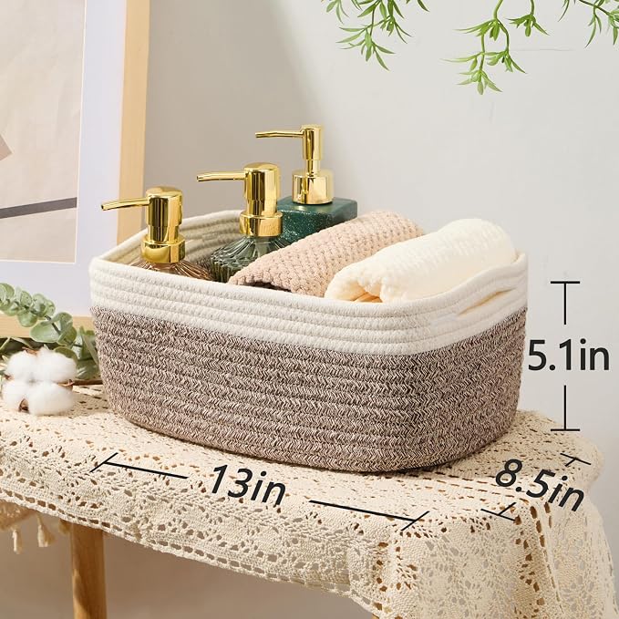 MiniArk Small Storage Baskets for Organizing | Closet Organizer Bins | Shelf Toy Basket | Woven Rope Baskets | Cube Decorative Box | Shallow Basket | 13x8.5x5.1” | 3 Packs White Brown