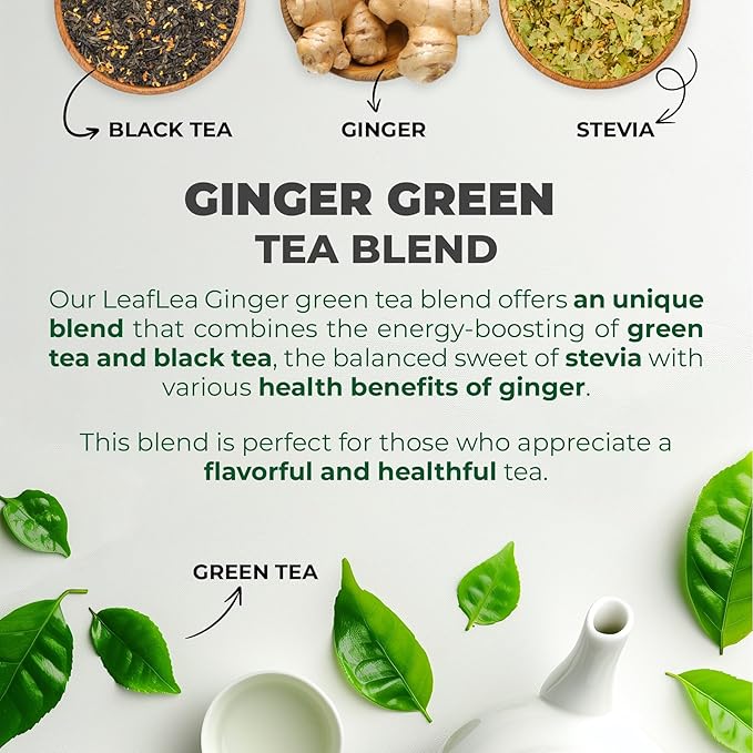 LeafLea Green Tea Bags With Ginger, Digestion & Immune Support, 120 Count | Spicy-Warming Ginger Green Tea For The Whole Family, Stevia-Sweetened, Gluten-Free, Sugar-Free