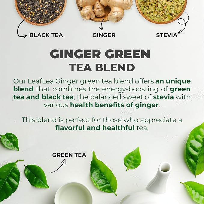 LeafLea Herbal Green Tea With Ginger, Digestion & Immune Support, 160 Count | Bulk Ginger Green Tea Blend, Best-Value Stock-Up, Stevia-Sweetened, Low Caffeine, Foil-Sealed Bags