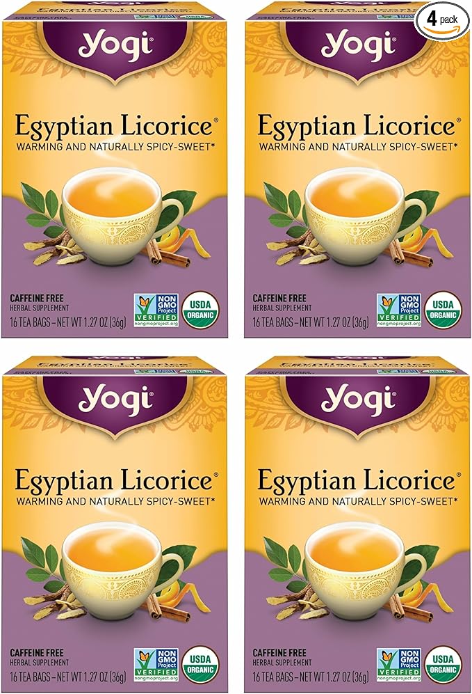 Yogi Tea Egyptian Licorice Tea - 16 Tea Bags per Pack (4 Packs) - Organic Licorice Tea Bags - Includes Licorice Root, Cinnamon Bark, Orange Peel, Ginger Root, Cardamom Pod & More