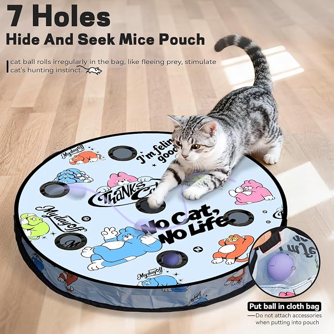 Interactive Cat Toy, Motion Activated Ball & 7 Holes Maze Hide and Seek Mat | Exercise Game for Indoor Cats, Automatic Moving Cat Ball Toy Mouse Catching in Pouch, Rechargeable Kitten Toy, No Cat No Life
