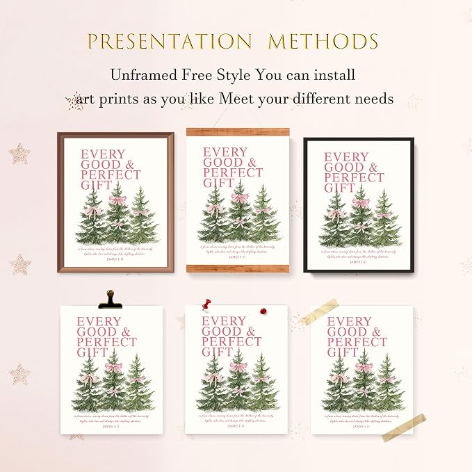 LARTSFRO Coquette Pink Bow Christmas Tree Gifts Wall Art Decor Posters, Pink Bow Christmas Christian Room Bathroom Bedroom Dorm Wall Art Decor Aesthetic for College Teen Girls Gifts, Inspirational Bible Verses Bow Wall Decor, 10x8 Inch Set of 4 Pcs Chr...