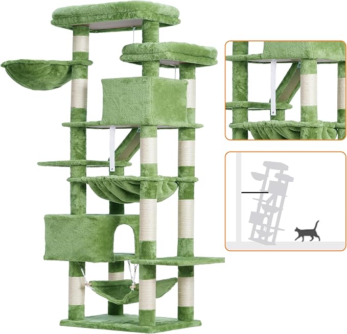 Heybly Cat Tree, 71-Inch-Tall Tower for Indoor Cats with 2 Perches HCT034GR | Large Cat Furniture with 2 Big Condos, 2 Hammocks, Basket, Scratching Pad, Multi-Level Cat Condo, Green