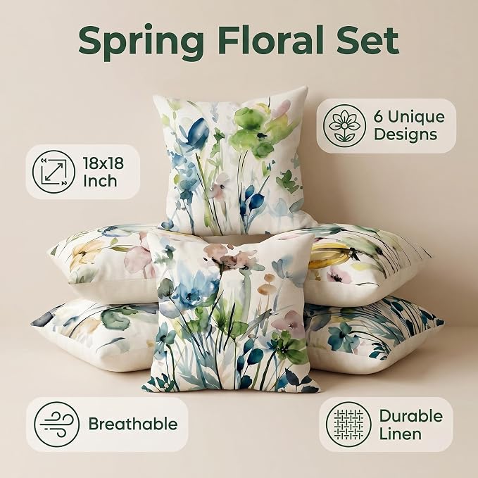 COMMINY Colorful Floral Pillow Covers 18x18 Set 6 Decorative Throw Cover | Farmhouse Flower, Breathable Linen, Standard Throw Pillow Size, Bedroom Accent Couch Sofa, Spring Summer Decor