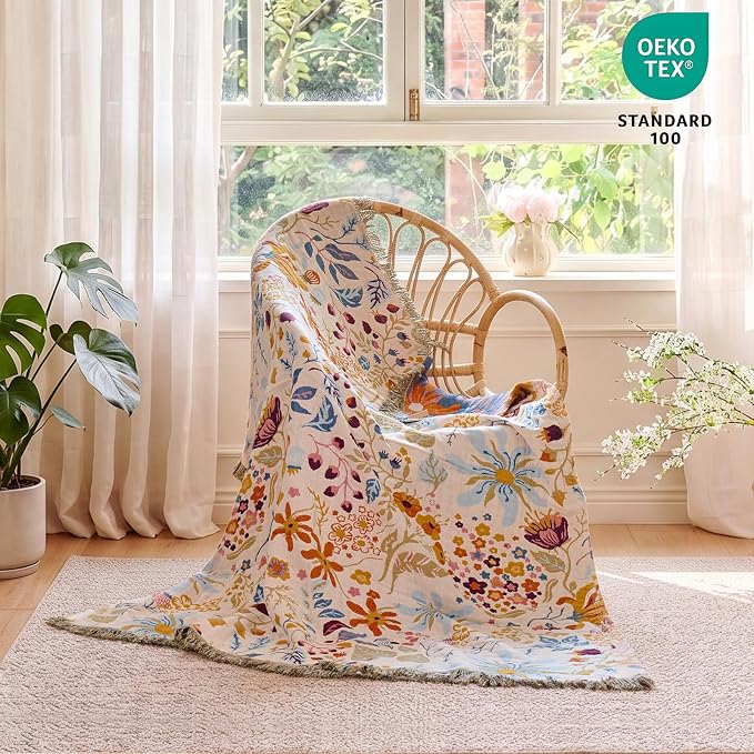 MSGKV Boho Throw Blanket 60"x80" Twin 100% Cotton Floral Blanket for Bed | Twin Size Cotton Throw, Muslin Blanket, Summer Breathable, Farmhouse Decor, Lightweight Comfort, All Season, Machine Washable