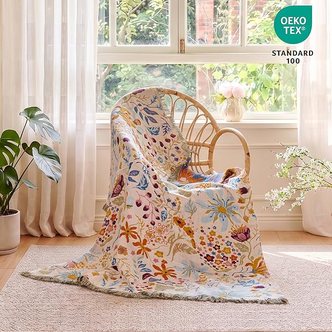 MSGKV Boho Throw Blanket 50"x60" 100% Cotton Floral Blanket Couch Decor | Muslin Blanket, Floral Pattern, Chair Throw, Summer Breathable, Lightweight, Farmhouse Decor, Home Decor, Machine Washable