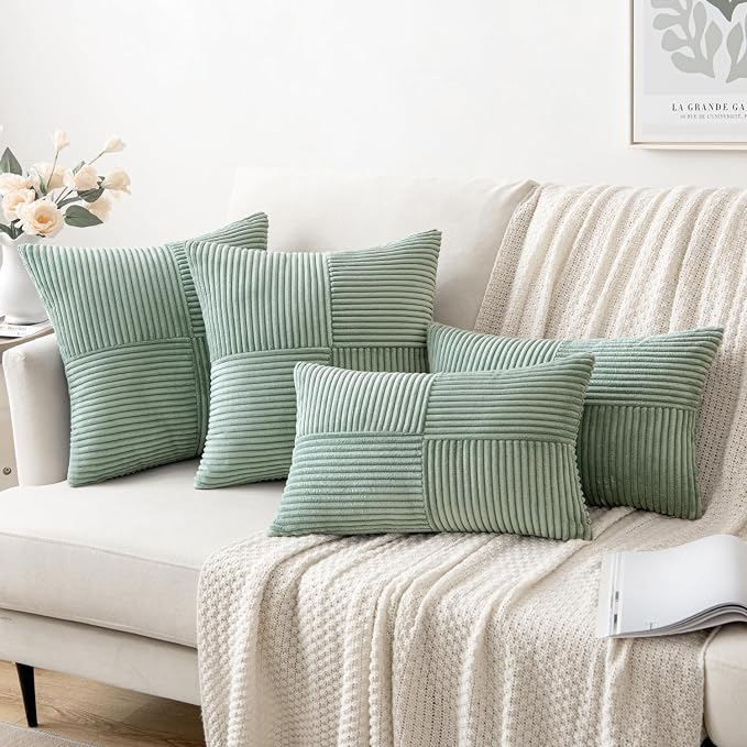 MIULEE Greyish Green Decorative Throw Pillow Covers for Couch 20x20 Inch | 2 Pack, Boho Farmhouse Pillow Covers, Soft Cross Corduroy Patchwork Textured Cushion Cases For Bed Sofa