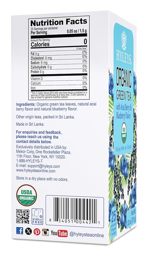 HYLEYS Organic Green Tea, Acai Berry and Blueberry Flavor, 150 Individually Wrapped Tea Bags (6 Pack of 25) - USDA Organic - Kosher & Vegan