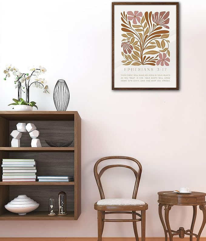 EcoHest 12x16 in Ephesians 3:17 Abstract Floral Framed Christian Wall Art | Walnut Color Solid Oak Frame，Canvas Wall Art, Scripture Bible Verse Wall Decor for Bedroom, Living Room, Office, Church,1Pack