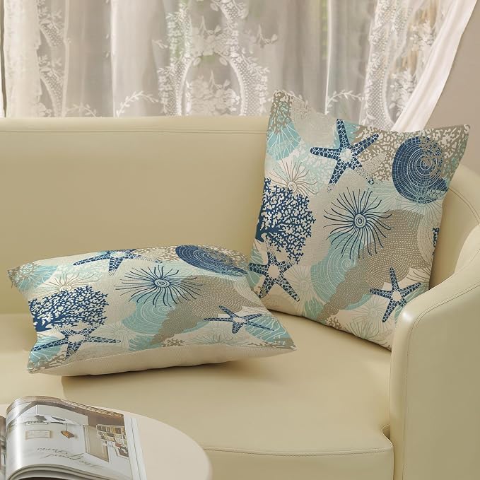 Nautical Coastal Pillow Covers 20x20 Set of 2 Beach Themed Ocean Throw Pillows Summer Starfish Seashell Decorations Pillowcase Linen Outdoor Decor Farmhouse Cushion Case for Home Bedroom