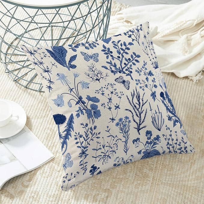 AEIOAE Summer Pillow Covers 24x24 Inch Set of 2,Navy Blue Wild Flower Plant Throw Pillows Case,Seasonal Floral Outdoor Decorative Square Linen Farmhouse Decor Cushion Covers for Home Couch Sofa Bed