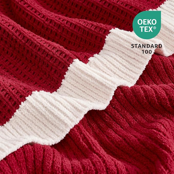 Chenille Throw Blanket, Soft Cozy Waffle Throw for Couch & Sofa, Warm Yet Lightweight, Breathable All-Season Throws for Women Men, Housewarming, Birthdays, 50"x60", Red