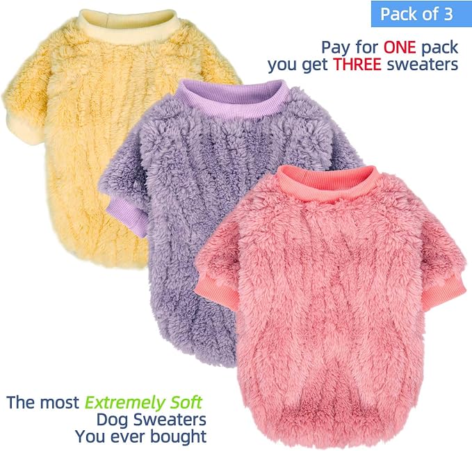 FabriCastle Dog Sweater, 3-Pack Dog Clothes & Coat, Pet Jacket for Small or Medium Dogs Boy or Girl, Soft and Warm Cat Sweaters Doggy Apparel Costumes Christmas (Lavender,Pink,Butter Yellow, X-Small)