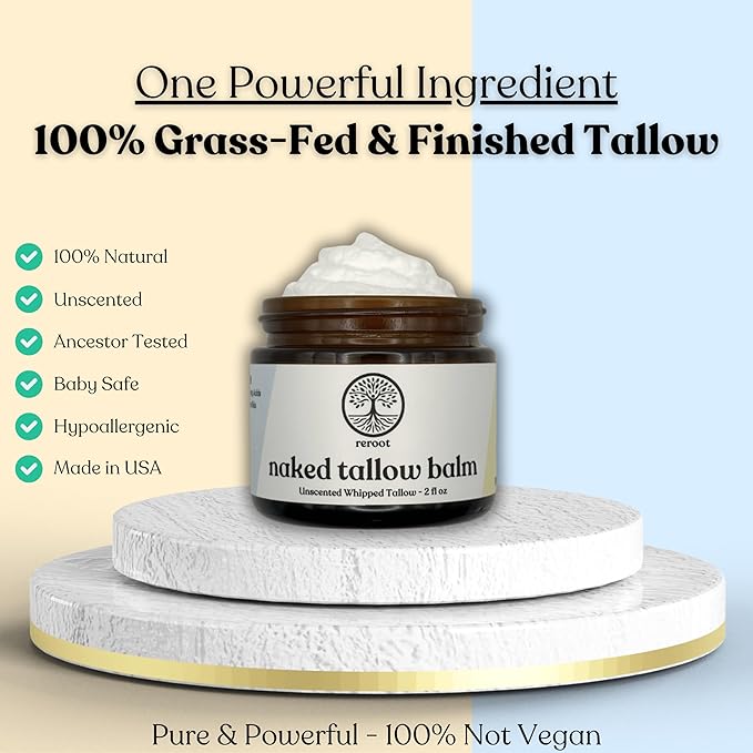 Beef Tallow Balm for Skin | NAKED TALLOW BALM | 1 Ingredient - 100% Grass Fed Grass Finished Tallow | Whole Body & Face Moisturizer | Whipped | Dry Skin, Eczema, Rosacea, (2oz)