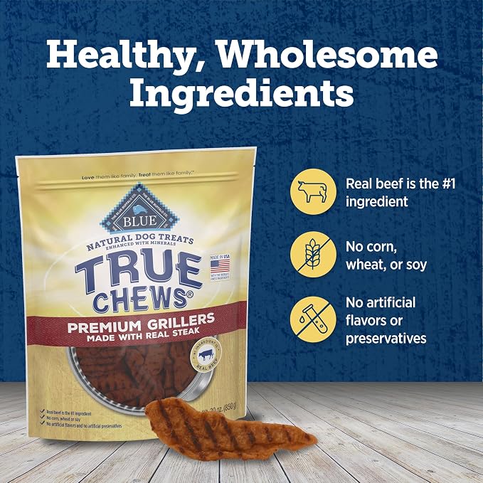 Blue Buffalo True Chews Premium Grillers Steak Dog Treats, 10 oz | Real Beef First, Tender & Tasty, Made in the USA, No Artificial Preservatives