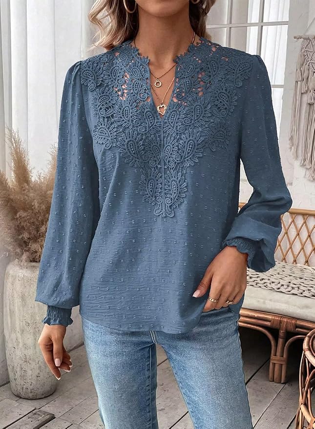 Womens Tops Swiss Dot Boho Long Sleeve Shirts V Neck Casual Chiffon Blouses Flowy Lace Hem Cute Clothing Trendy 2026