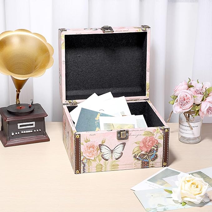 ELLDOO Decorative Treasure Chest Box, Wooden + PU Leather Storage Box for Jewelry Trinkets, Keepsakes box for Girls Women Gifts (Butterfly Pattern, Large)