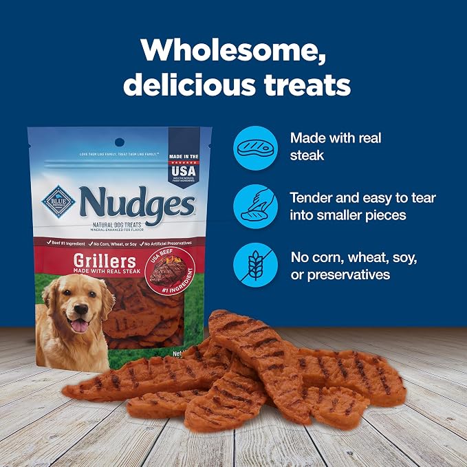 Blue Buffalo Nudges Grillers Steak Dog Treats, 5 oz | Real Beef First, Oven-Dried, Easy to Tear, For All Breed Sizes, No Artificial Preservatives