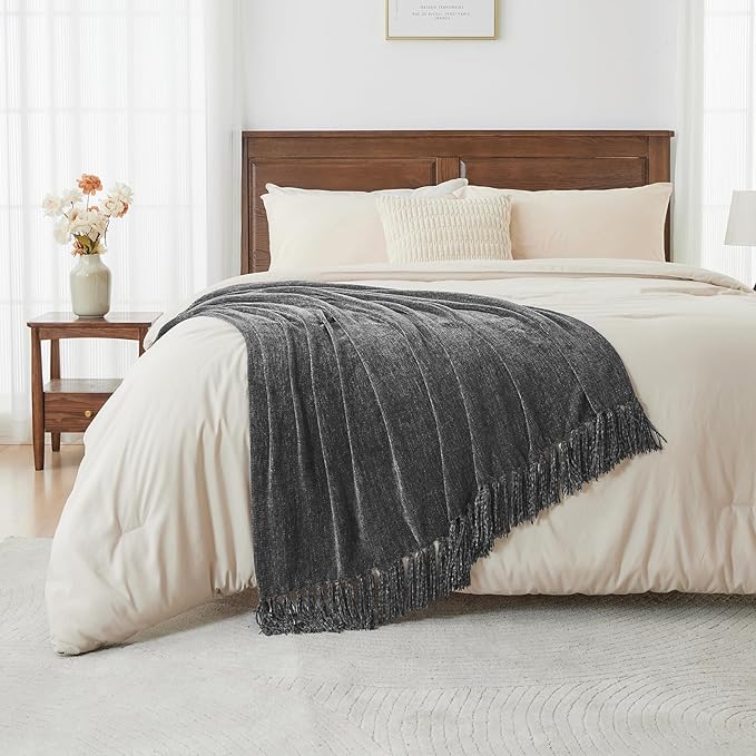 CozeCube Chenille Throw Blanket, Charcoal Grey Fringe Blanket, 60"X80" | For Couch, Cozy Plush Fuzzy Decorative Blanket with Fringe Tassels, Lightweight Throws for Bed Sofa Gift Home Decor