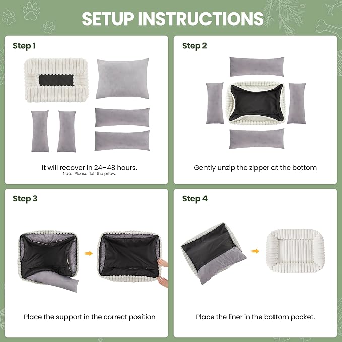 Washable Dog Bed for Small Medium Dogs, Rectangle Orthopedic Pet Bed with Removable Cover, Fluffy Memory Foam Dog Beds with Anti-Slip Bottom, Cream (25x21x7 inches)
