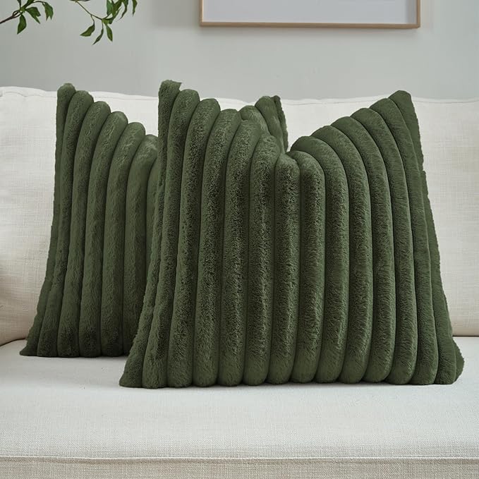 FUTEI Pack of 2 Faux Fur Throw Pillow Covers 16x16 Inch, Olive Green | Fluffy Faux Rabbit Fur Front/Premium Velvet Back,Hidden Zipper,Machine Washable,Non-Shedding,Colorfast,Insert Not Included.