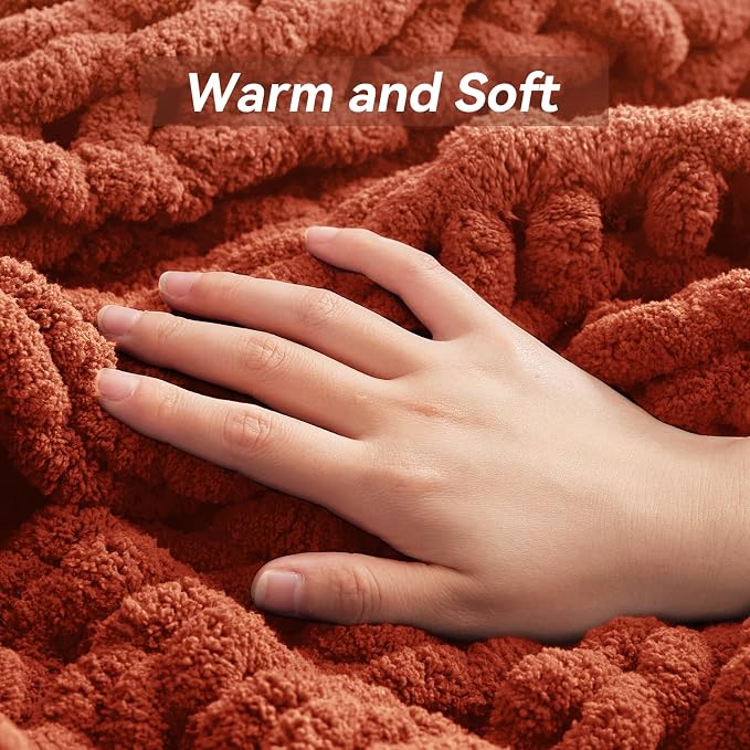 Negwoo Chunky Knit Throw Blanket, Knitted Throw Chenille Yarn, 50"*60" | Soft Thick Cable Knitted Blankets, Handmade Big Thick Blanket, Machine Washable Cute Comfy Blanket for Home Decor, Orange