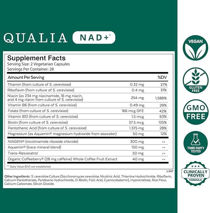 Qualia NAD Supplement — Clinically Proven to Boost NAD+ up to 67%. Optimized Aging, Energy, Focus. Elite NAD+ Booster Ingredients: Nicotinamide Riboside (NIAGEN,) Niacin, Niacinamide (3 Month Supply)
