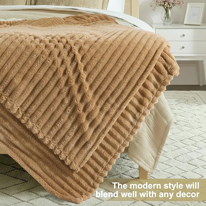 decorUhome Brown Fleece Throw Blanket 50x60 Inches | Soft Couch Cozy Fluffy Plush Flannel Striped Blanket for Sofa Bed, Lightweight Decorative Ribbed Fuzzy Blanket for Woman