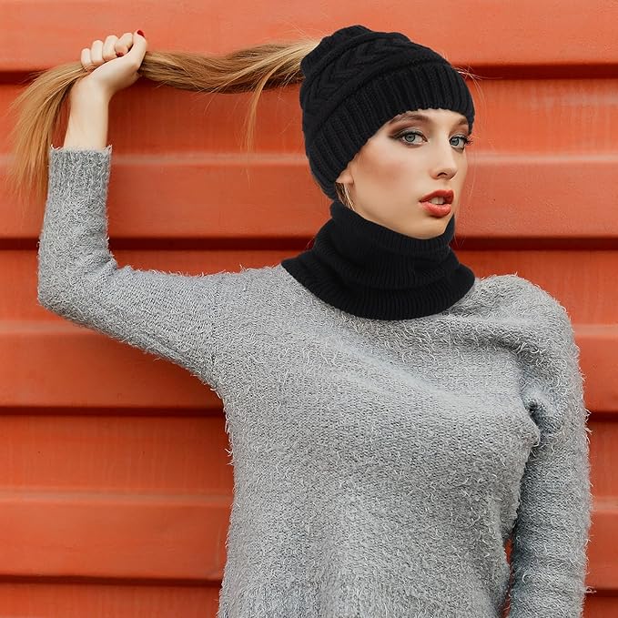 SATINIOR 5 Pcs Winter Hat Scarf Gloves Set Fleece Warm Lined Knit Beanie Hat Touch Screen Earmuff Gloves Warmer for Women(Black,Ponytail Style)