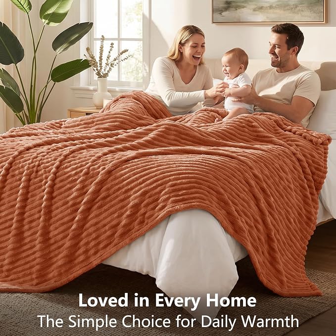 Burnt Orange Throw Blanket for Couch & Bed, 50 x 60 Inch | 300GSM Ribbed Fleece Blanket, Soft, Cozy & Lightweight, OEKO-TEX Certified, All-Season Use for Travel, Dorm & Home Decor