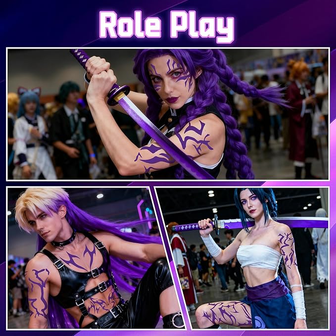 12 Sheets Cosplay Purple Temporary Tattoos，Dance Fake Tattoos Stickers for Cosplay, Halloween, Music Festival, Dance Party Makeup, Fantasy Creature Design, Fantasy Theme Costume Accessories