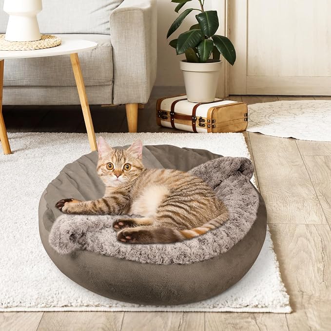 JOEJOY Small Dog Bed Cat Bed with Hooded Blanket, Cozy Cuddler Luxury Puppy Pet Bed, Donut Round Calming Anti-Anxiety Dog Burrow Cave Bed - Anti-Slip Bottom and Machine Washable 23 inch