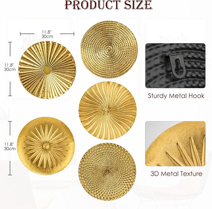 Briful 12" Gold Wall Décor Pack of 5 Metal Starbursts Radial Plate Wall Art Modern Accent Hanging Wall Decorations For Home Office Bedroom Or Living Room Sculptures