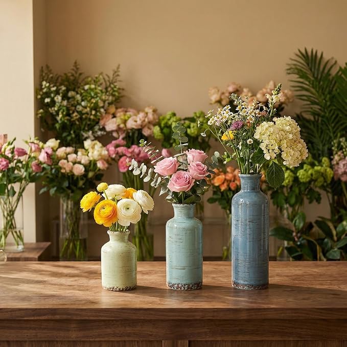 Ceramic Vintage Vase Set of 3, Gray Blue Green Crackle Glaze, Chinoiserie Floral Decor for Farmhouse Shelf, Table Centerpiece, Mantel, Living Room & Office