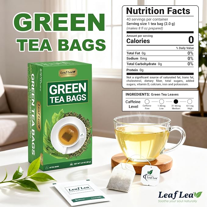 LeafLea Premium Green Tea Bags, Daily Wellness & Uplifting, 80 Count | Pure Green Tea Leaves, Bright And Mild Flavor, Caffeinated, Sugar-Free, Non-GMO, Vegan, Individually Wrapped, 2 Pack